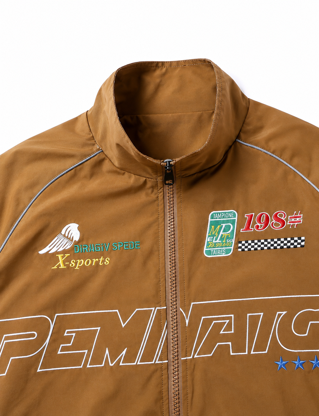 Men's Brown Streetwear  Racing Style Bomber Jacket With Graphic Patches And Zip Front
