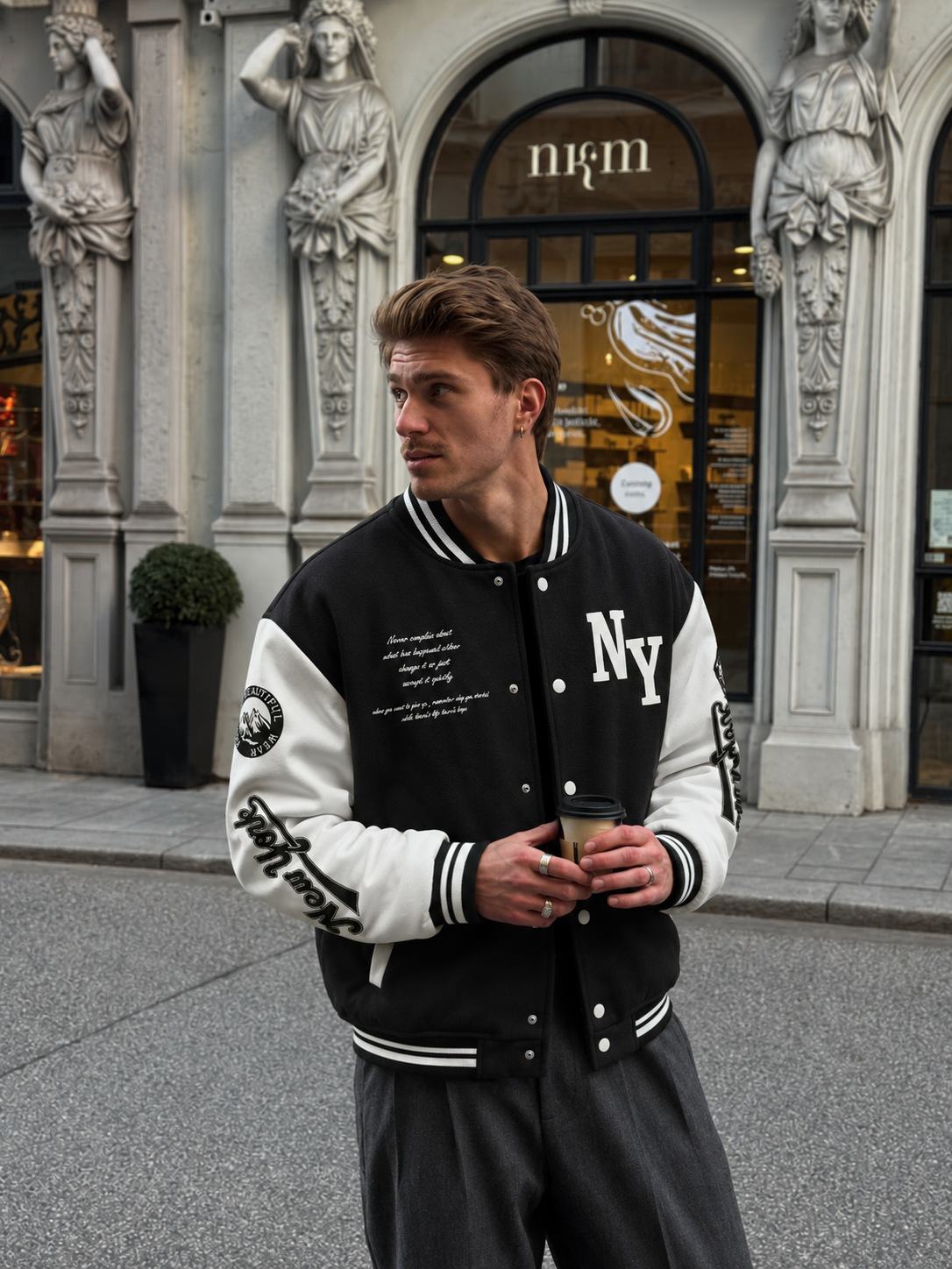 Men's Black And White Varsity Bomber Jacket With NY Graphic For Streetwear Everyday College