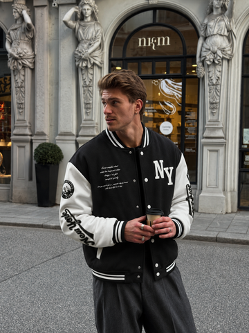 Men's Black And White Varsity Bomber Jacket With NY Graphic For Streetwear Everyday College