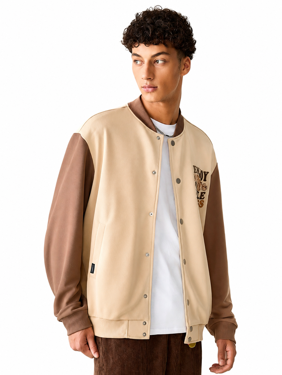 Men's Lightweight Beige And Brown Varsity Bomber Jacket Khaki Casual Non Stretch All Seasons