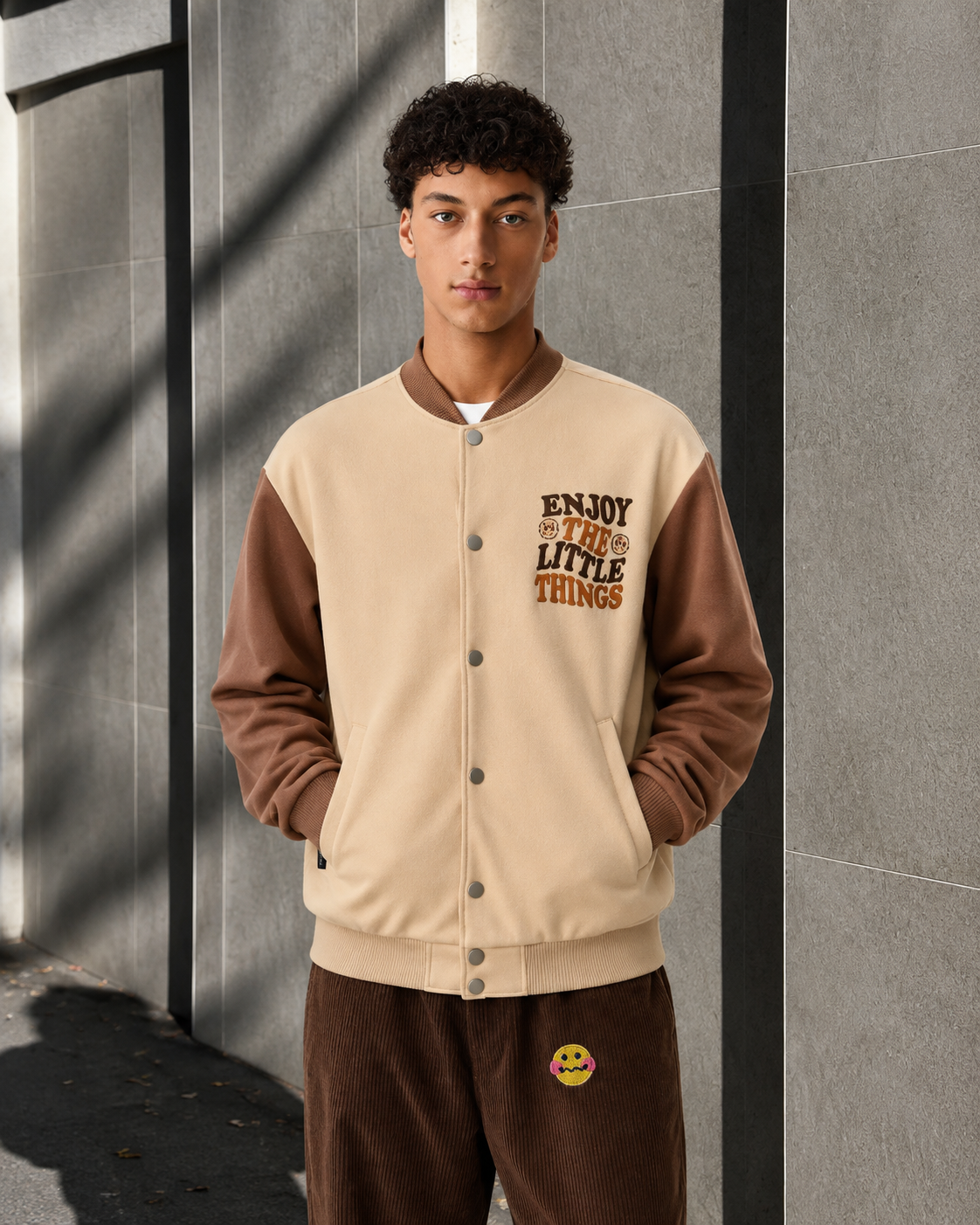 Men's Lightweight Beige And Brown Varsity Bomber Jacket Khaki Casual Non Stretch All Seasons