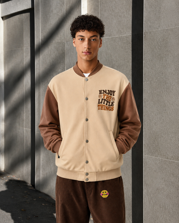 Men's Lightweight Beige And Brown Varsity Bomber Jacket Khaki Casual Non Stretch All Seasons