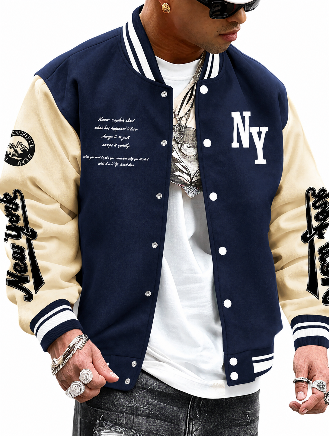 Men's Black And White Varsity Bomber Jacket With NY Graphic For Streetwear Everyday College