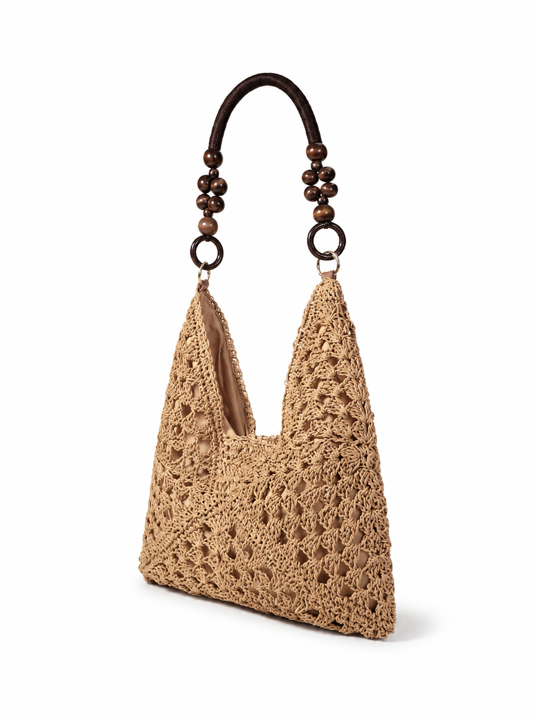 Women Beige Crochet Shoulder Bag with Wooden Bead Handle and Boho Woven Design
