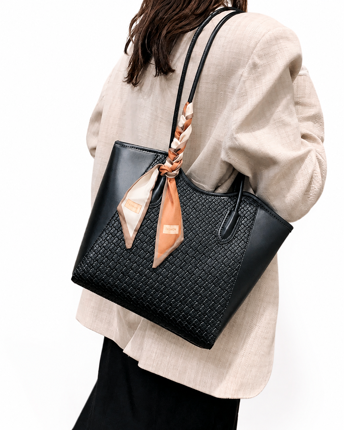 Women’s Elegant Woven Shoulder White Red Black Tote Bag with Scarf Detail
