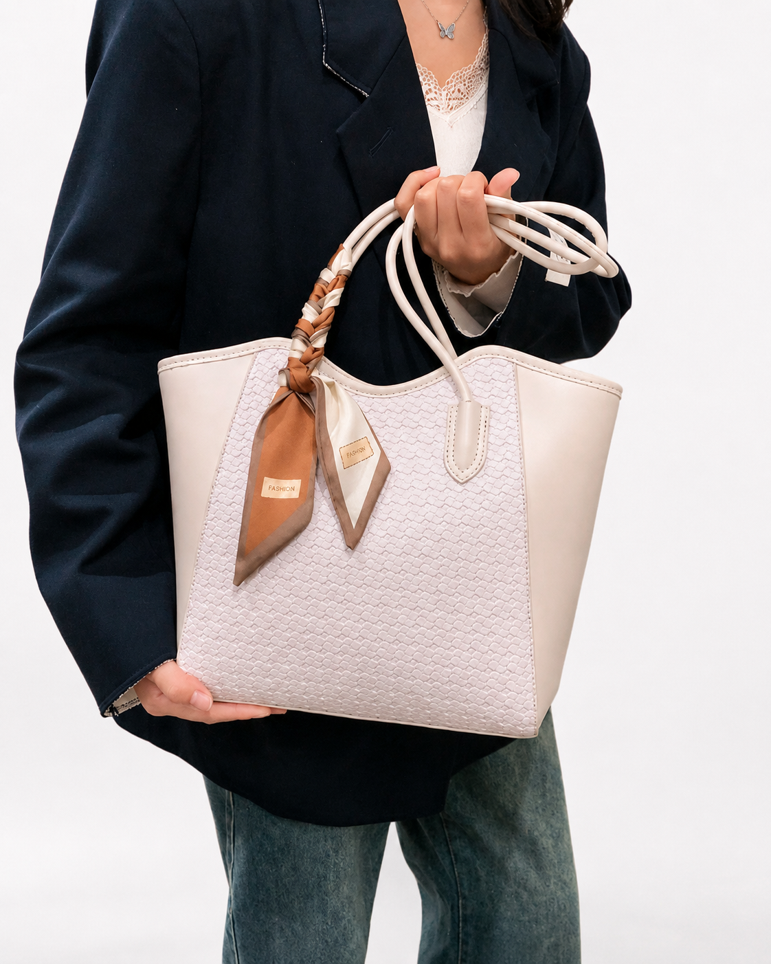 Women’s Elegant Woven Shoulder White Red Black Tote Bag with Scarf Detail