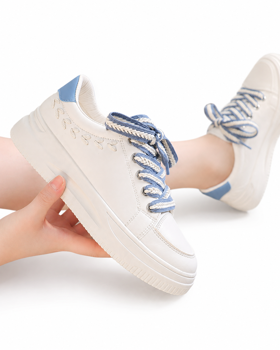White & Blue Platform Sneakers for Women Casual Lace-Up Fashion Shoes