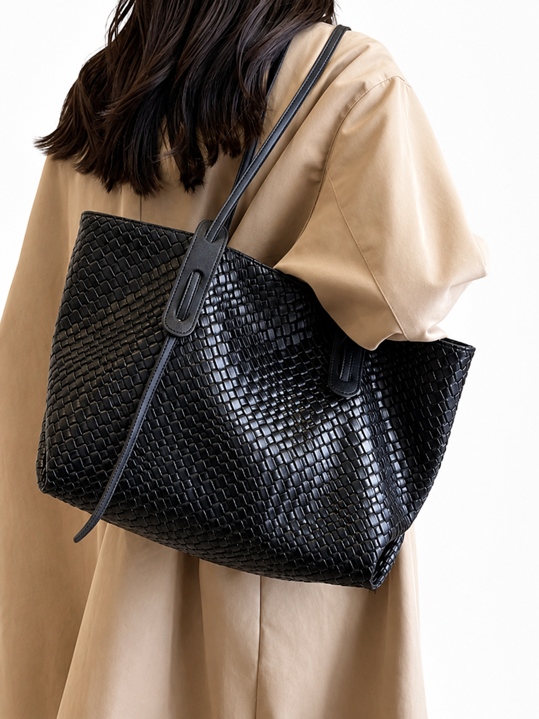Large Woven Tote Bag for Women Faux Leather Shoulder Handbag Brown Black Khaki