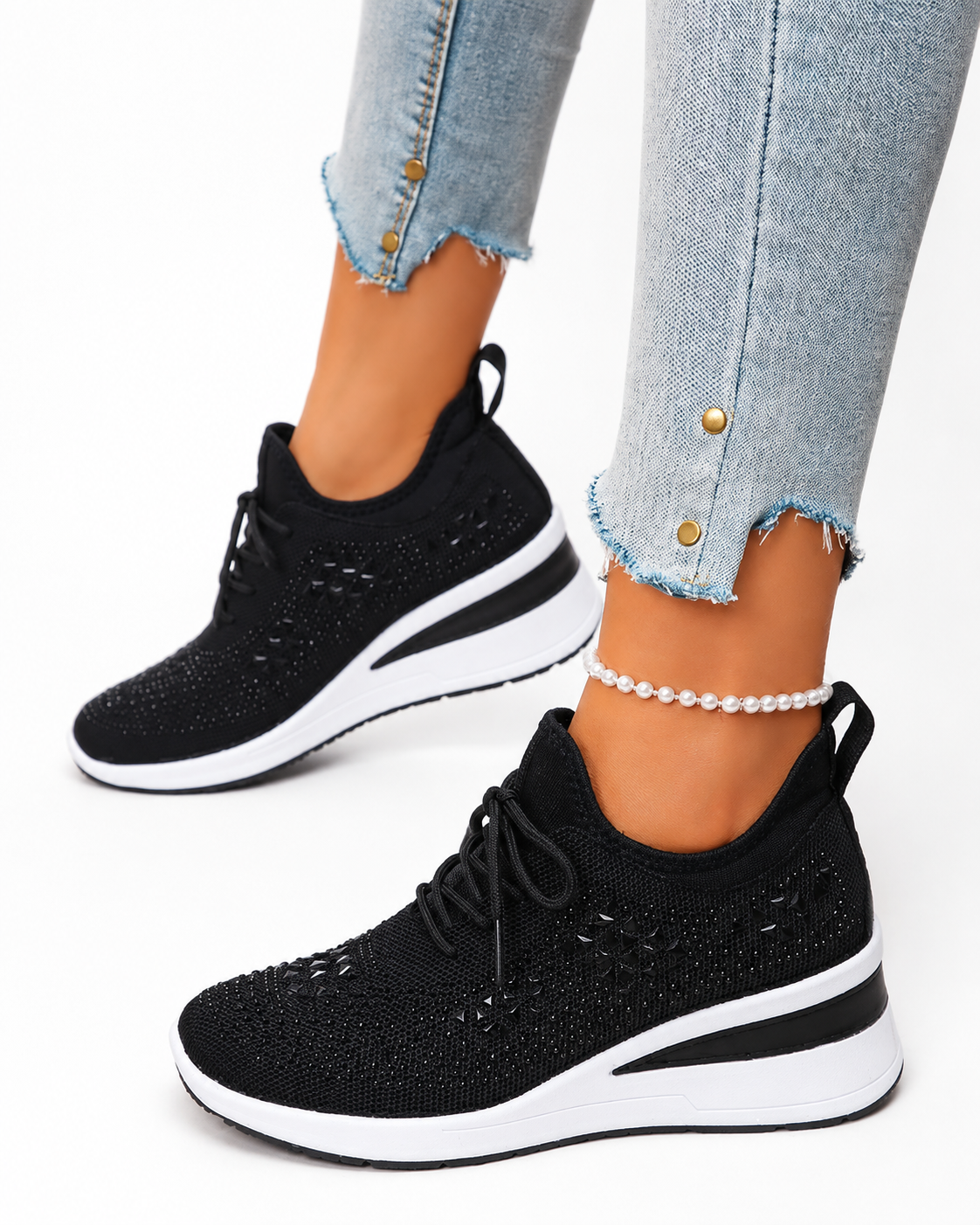 Women's Rhinestone Orthopedic Platform Sneakers Lightweight Lace Up Fashion Walking Shoes