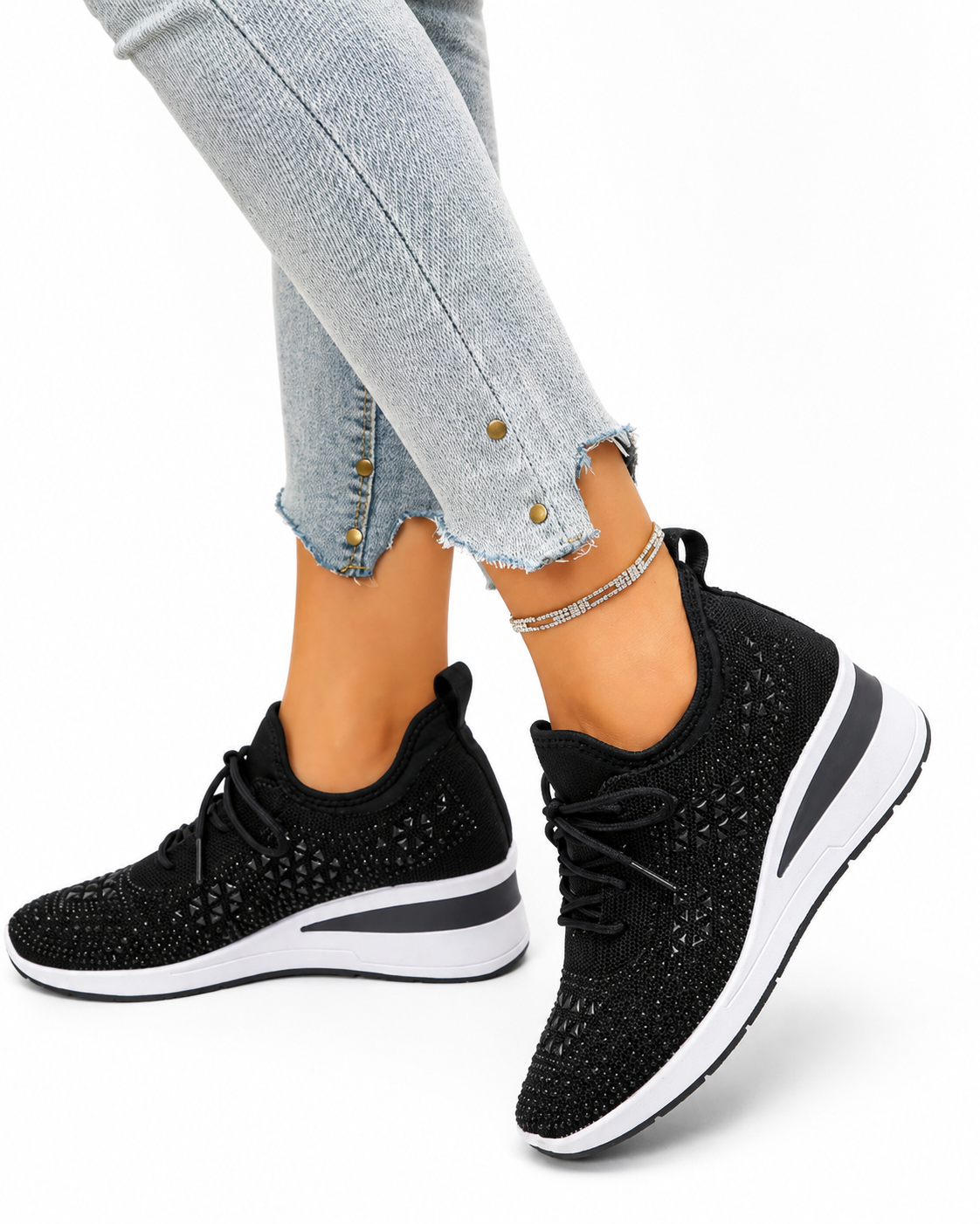 Women's Rhinestone Orthopedic Platform Sneakers Lightweight Lace Up Fashion Walking Shoes