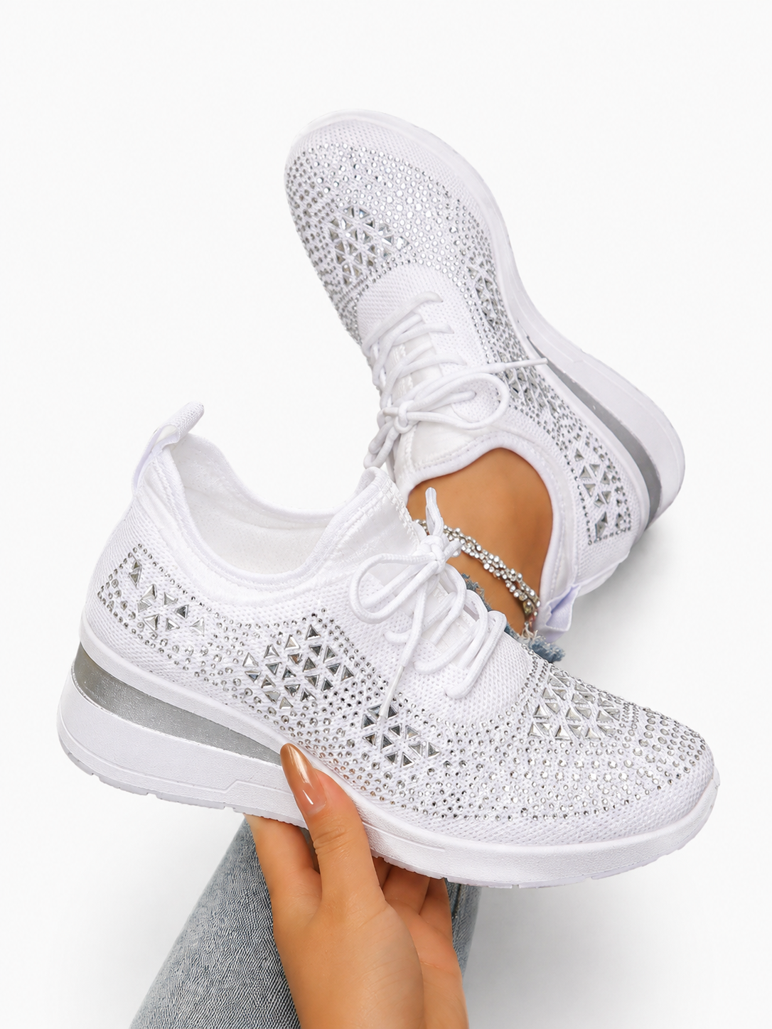 Women's Rhinestone Orthopedic Platform Sneakers Lightweight Lace Up Fashion Walking Shoes