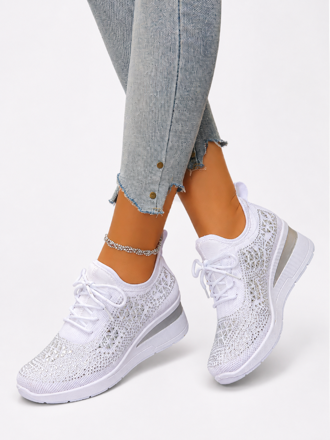 Women's Rhinestone Orthopedic Platform Sneakers Lightweight Lace Up Fashion Walking Shoes