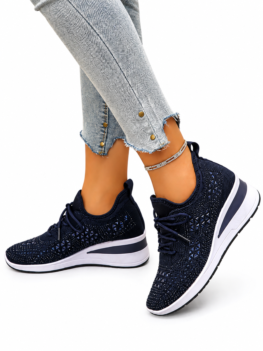 Women's Rhinestone Orthopedic Platform Sneakers Lightweight Lace Up Fashion Walking Shoes