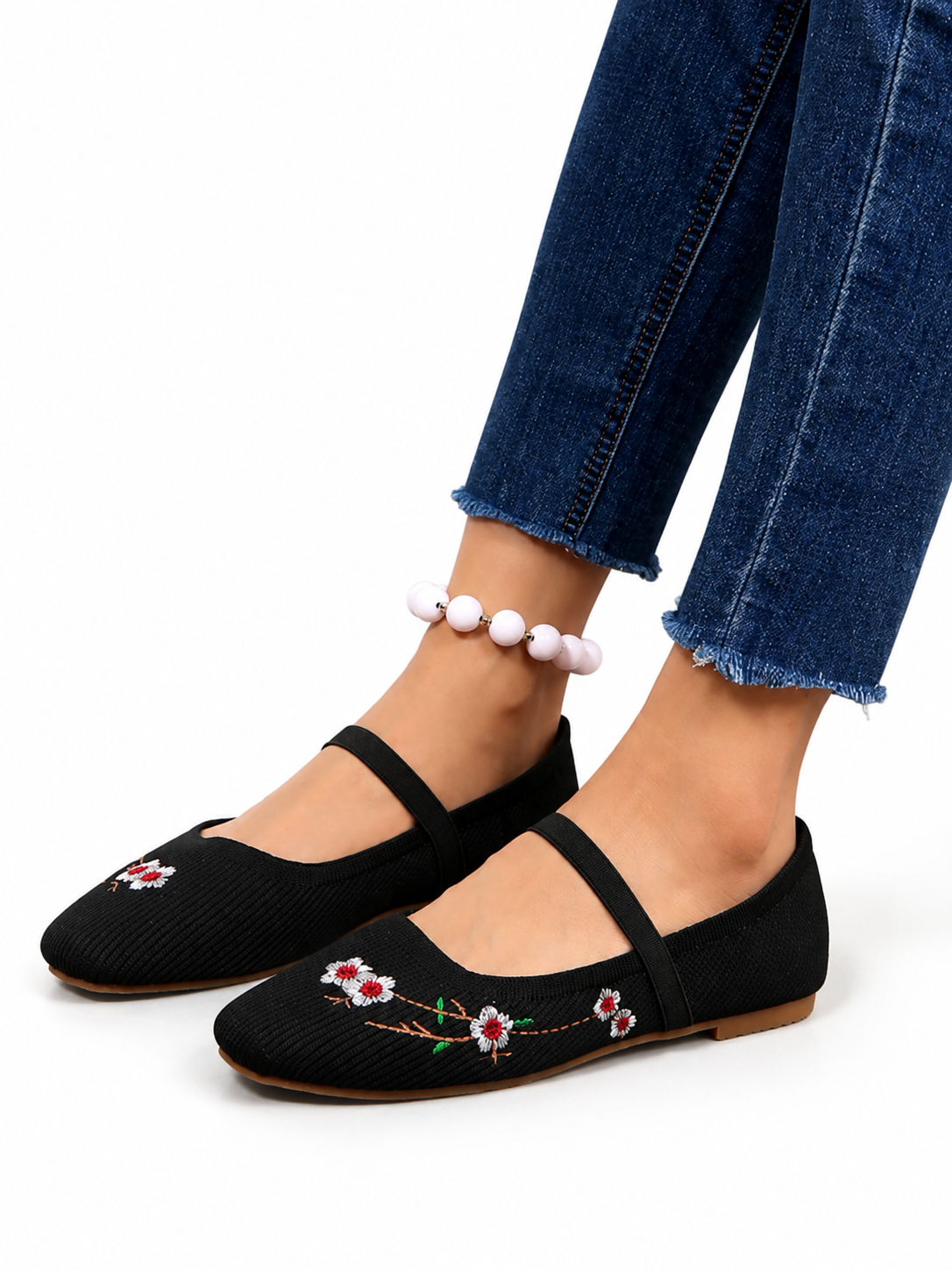 Women's Embroidered Mary Jane Flats Comfortable Slip On Ballet Shoes