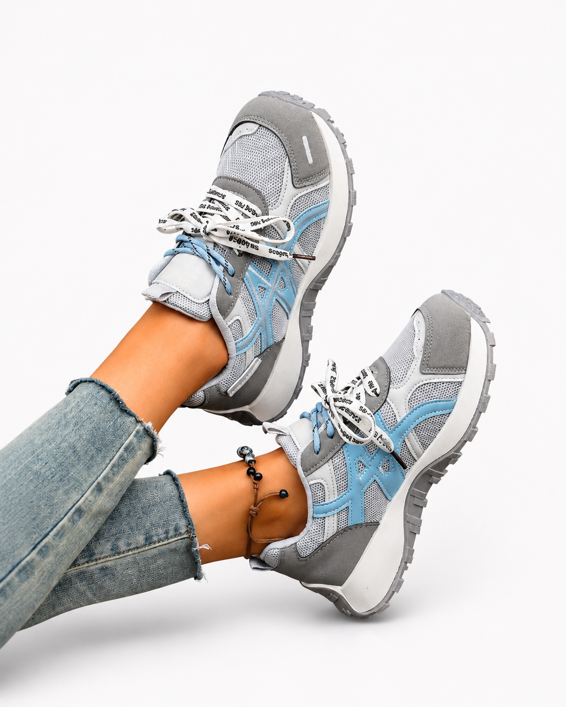 Women's Lightweight Mesh Running Sneakers Breathable Lace Up Athletic Walking Shoes White, Grey & Sky Blue
