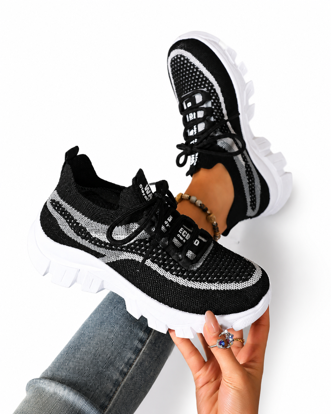 Women's Breathable Knit Running Sneakers Black & White Lightweight Athletic Shoes