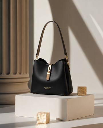 Elegant Black Bucket Shoulder Bag for Women Faux Leather Crossbody Handbag with Adjustable Strap