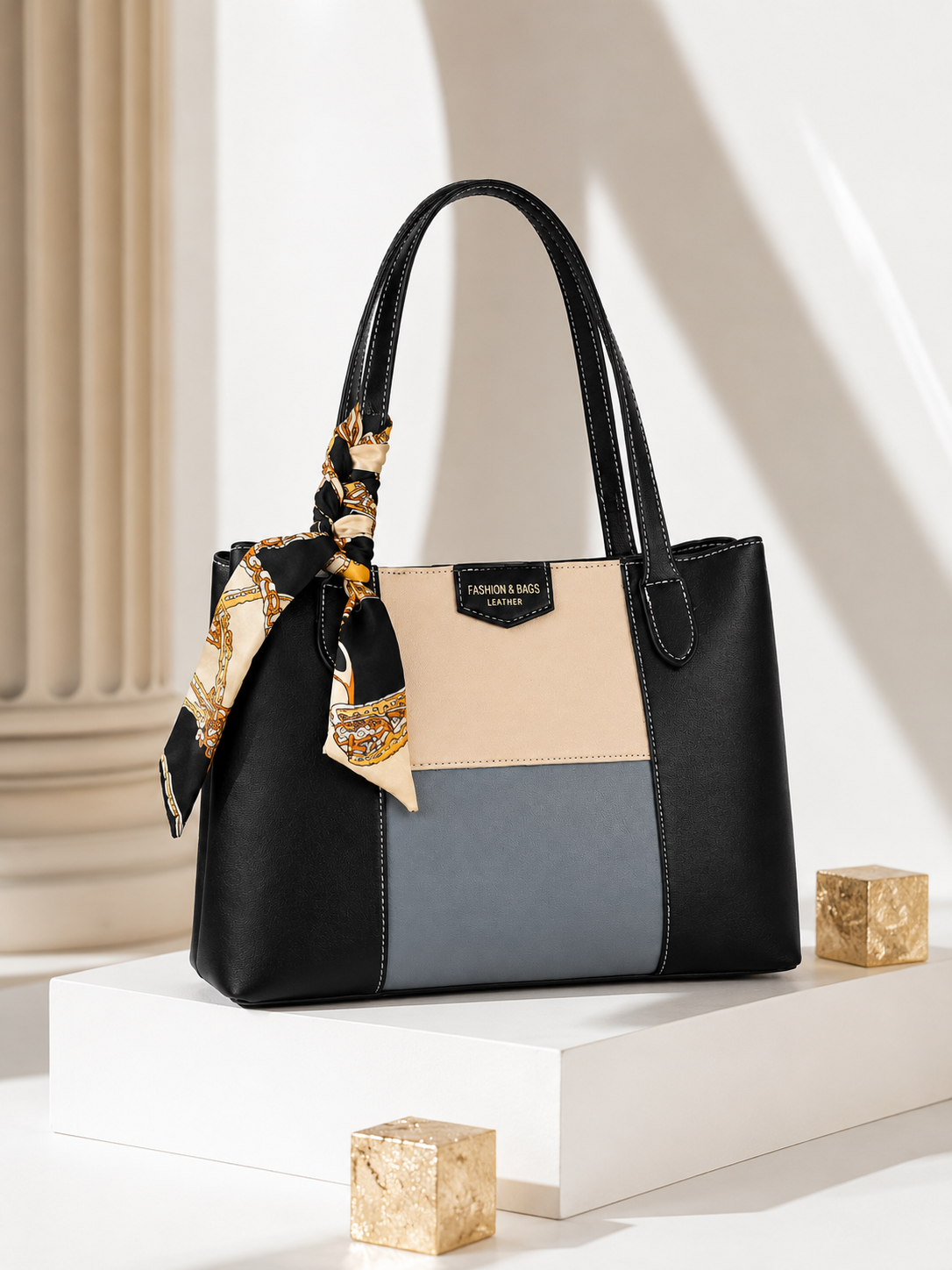 Multicolor Color Block PU Leather Tote Bag with Scarf Large Shoulder Handbag for Women Office Work Everyday Carry