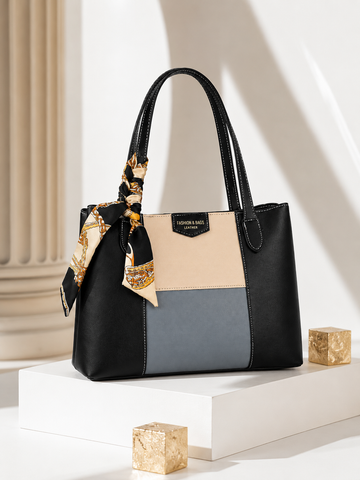 Multicolor Color Block PU Leather Tote Bag with Scarf Large Shoulder Handbag for Women Office Work Everyday Carry
