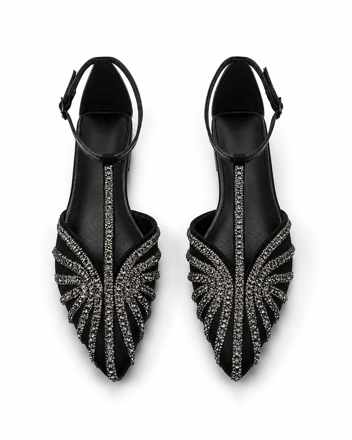 Women's Burgundy T-Strap Flats Elegant Rhinestone Embellished Pointed Toe Shoes