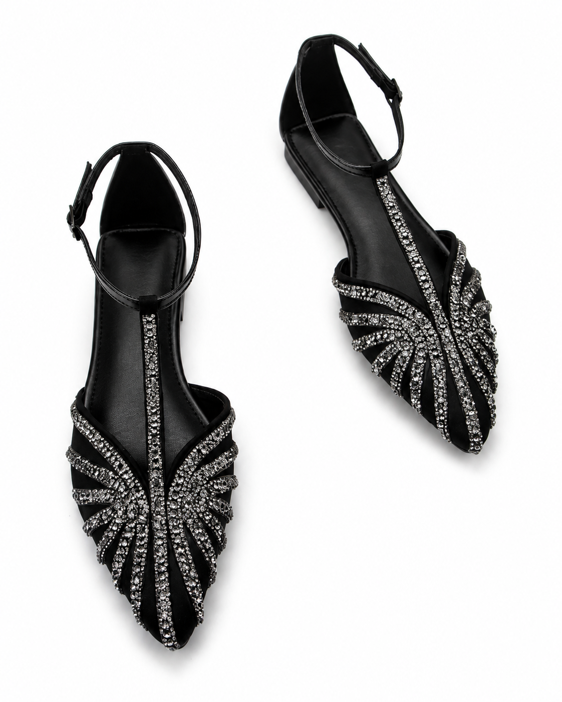 Women's Burgundy T-Strap Flats Elegant Rhinestone Embellished Pointed Toe Shoes