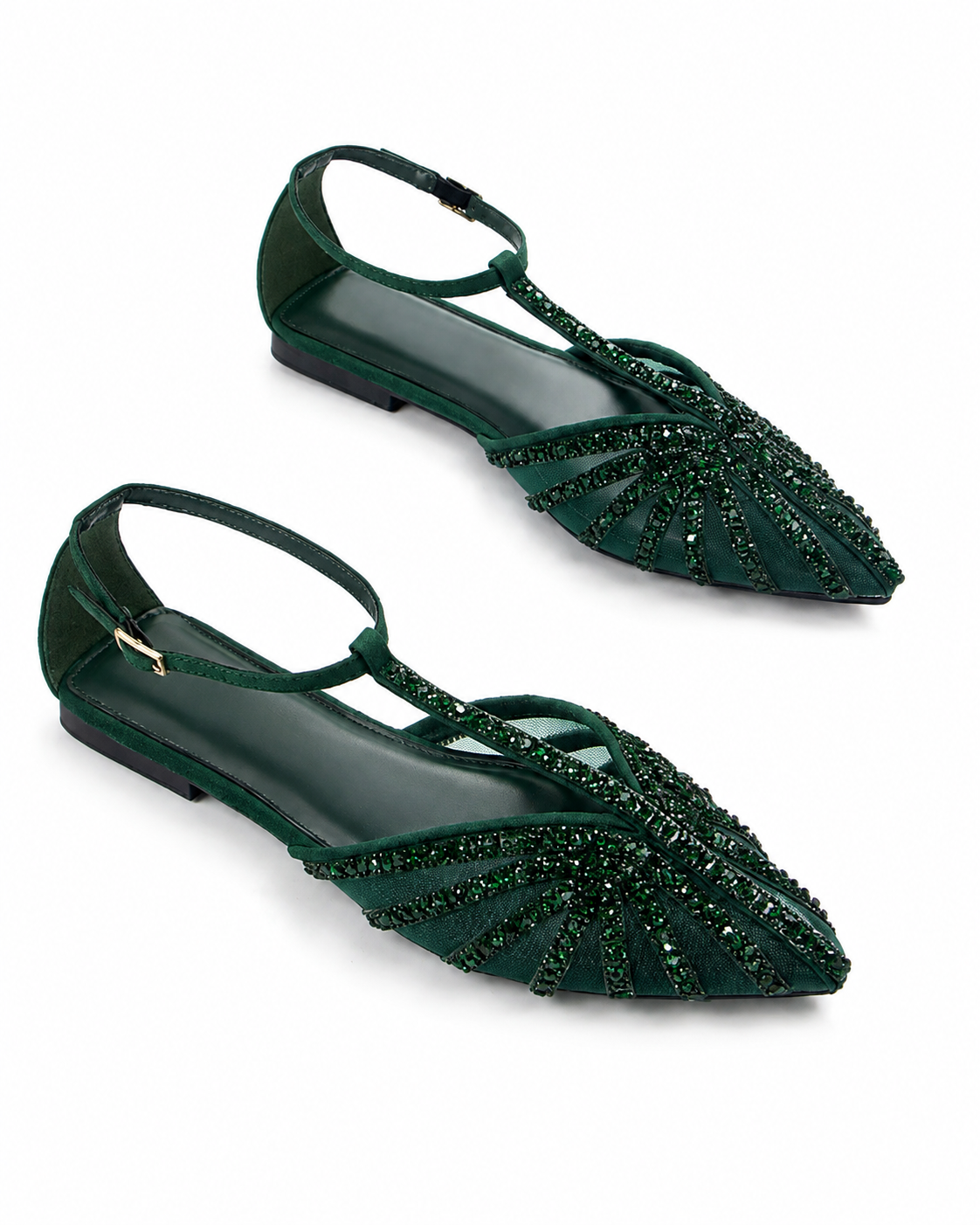 Women's Burgundy T-Strap Flats Elegant Rhinestone Embellished Pointed Toe Shoes