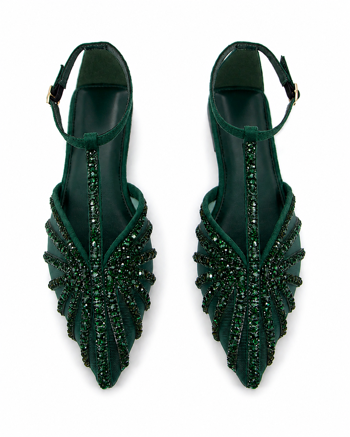 Women's Burgundy T-Strap Flats Elegant Rhinestone Embellished Pointed Toe Shoes