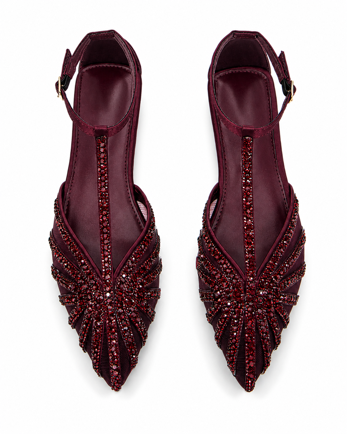Women's Burgundy T-Strap Flats Elegant Rhinestone Embellished Pointed Toe Shoes