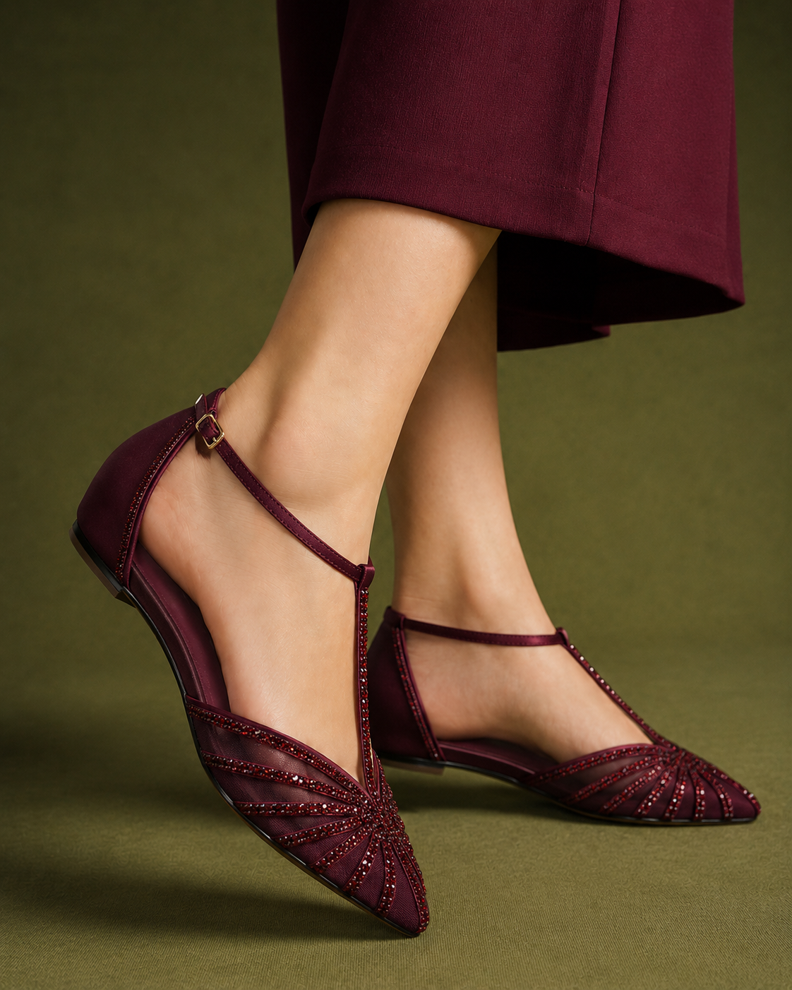 Women's Burgundy T-Strap Flats Elegant Rhinestone Embellished Pointed Toe Shoes