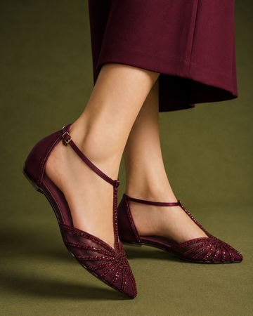 Women's Burgundy T-Strap Flats Elegant Rhinestone Embellished Pointed Toe Shoes