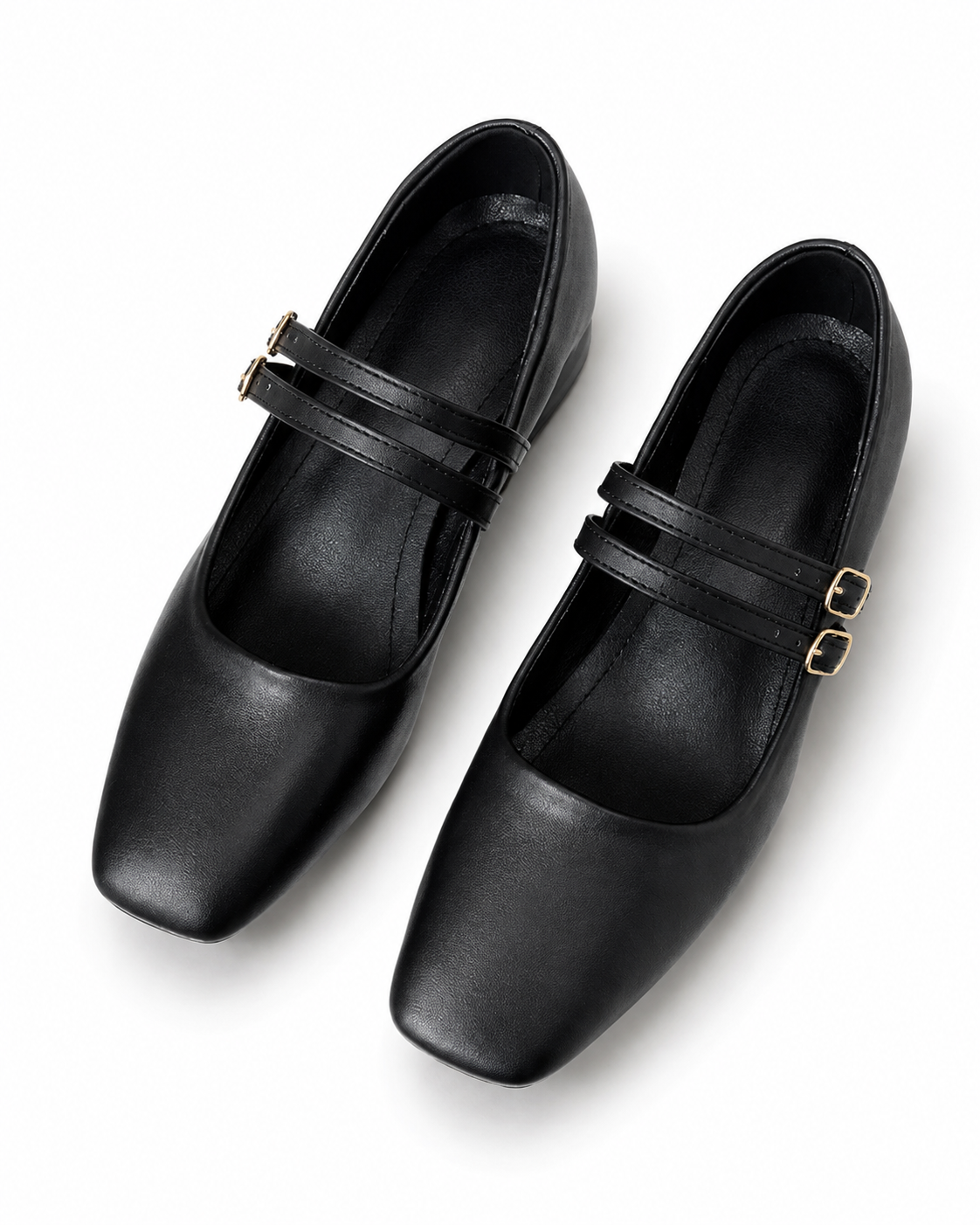 Women's Black Mary Jane Flats Double Buckle Strap Round Toe Comfortable Shoes