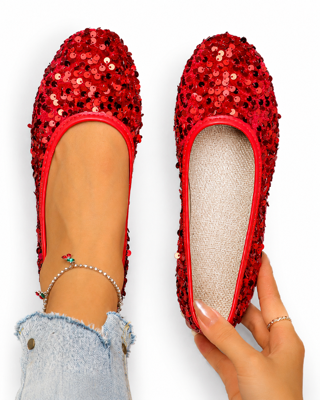 Women's Red Glitter Ballet Flats Sparkly Slip On Party & Casual Shoes