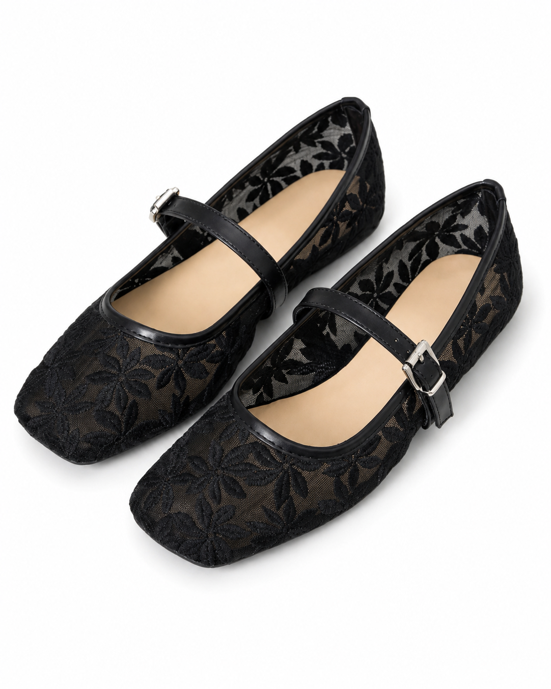 Women's Floral Mesh Mary Jane Flats Elegant Buckle Strap Casual Shoes