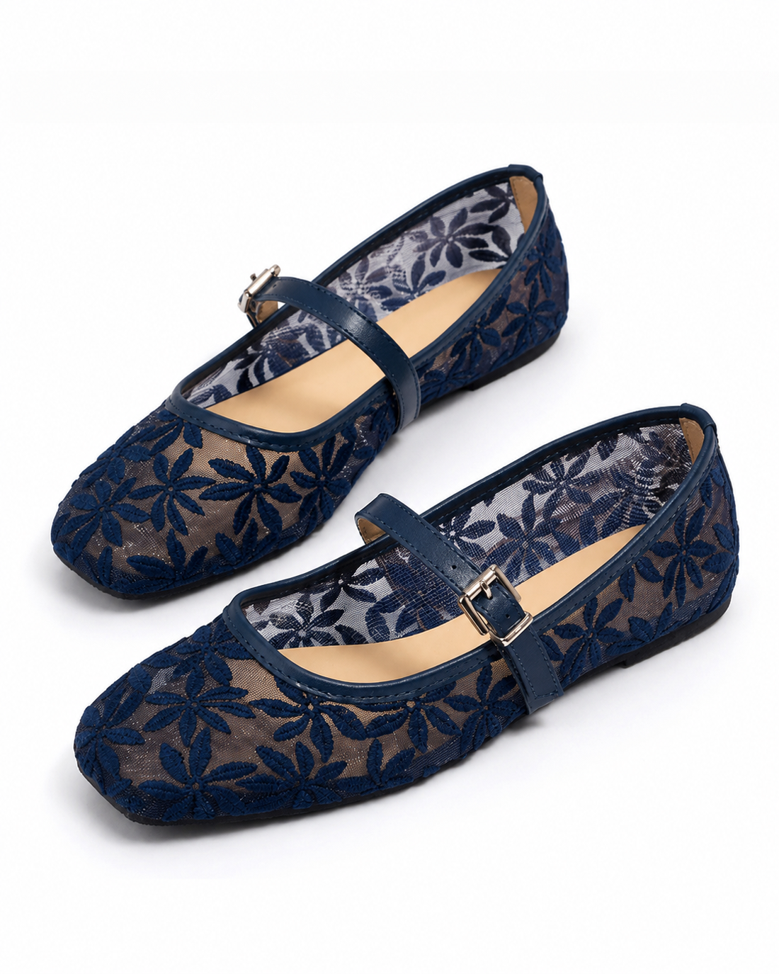 Women's Floral Mesh Mary Jane Flats Elegant Buckle Strap Casual Shoes