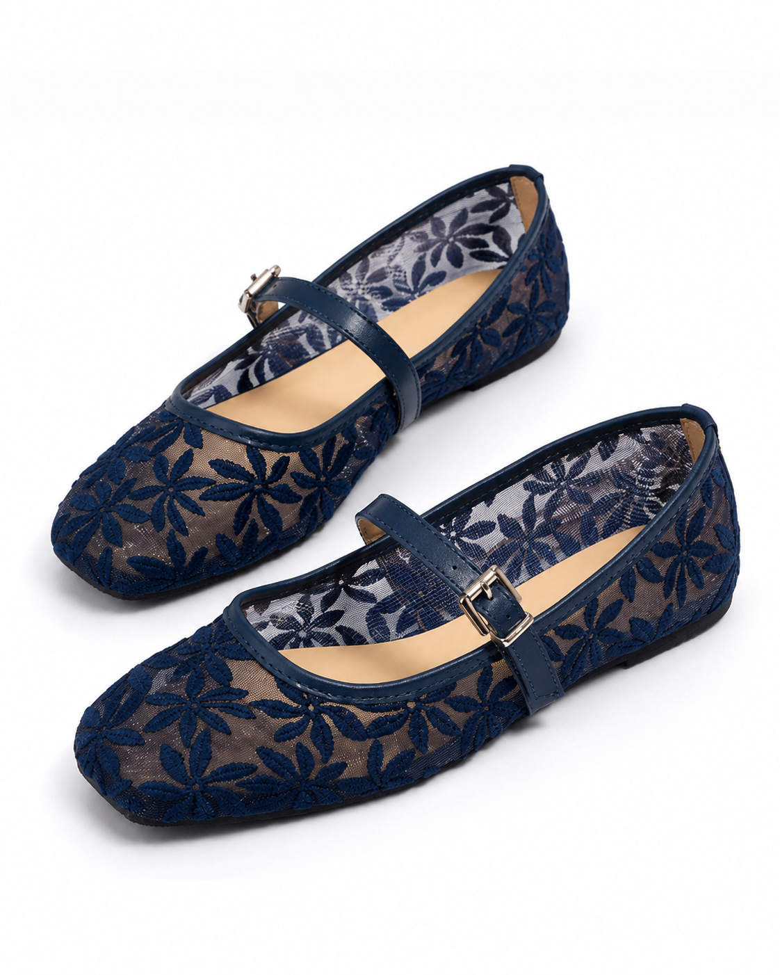 Women's Floral Mesh Mary Jane Flats Elegant Buckle Strap Casual Shoes