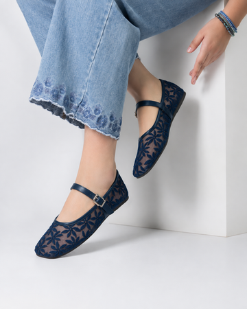 Women's Floral Mesh Mary Jane Flats Elegant Buckle Strap Casual Shoes
