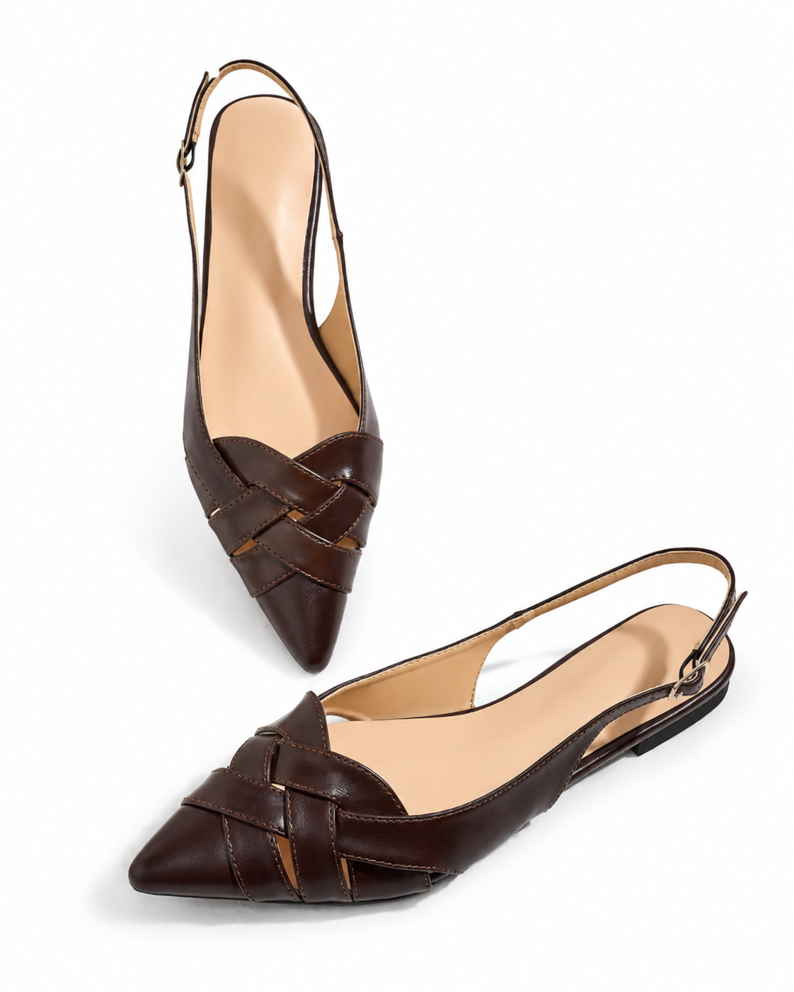Women's Brown Pointed Toe Slingback Flats Elegant Bow Detail Low Heel Shoes