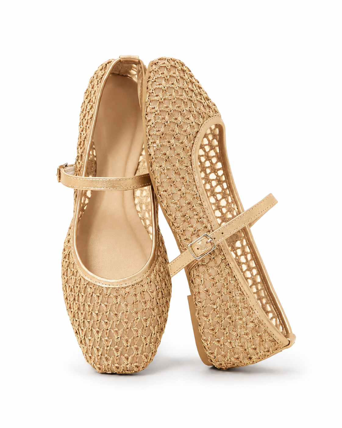 Women's Beige Lace Mary Jane Flats Elegant Buckle Strap Comfortable Shoes
