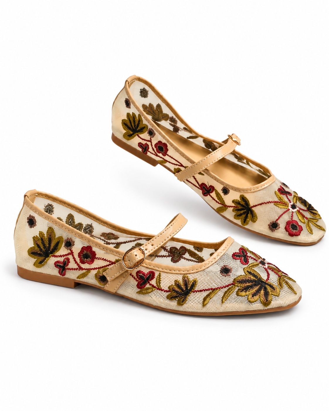 Women's Beige Lace Mary Jane Flats Elegant Buckle Strap Comfortable Shoes