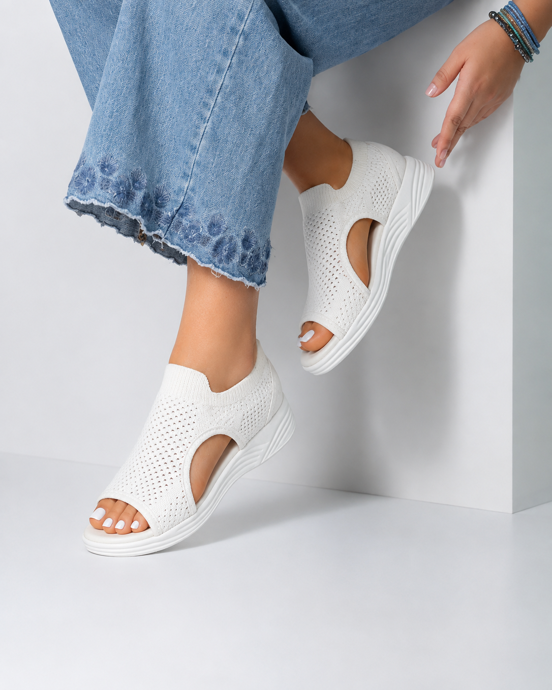 Women's Orthopdic Knit Peep Toe Slip On Wedge Sandals For Swollen Feet