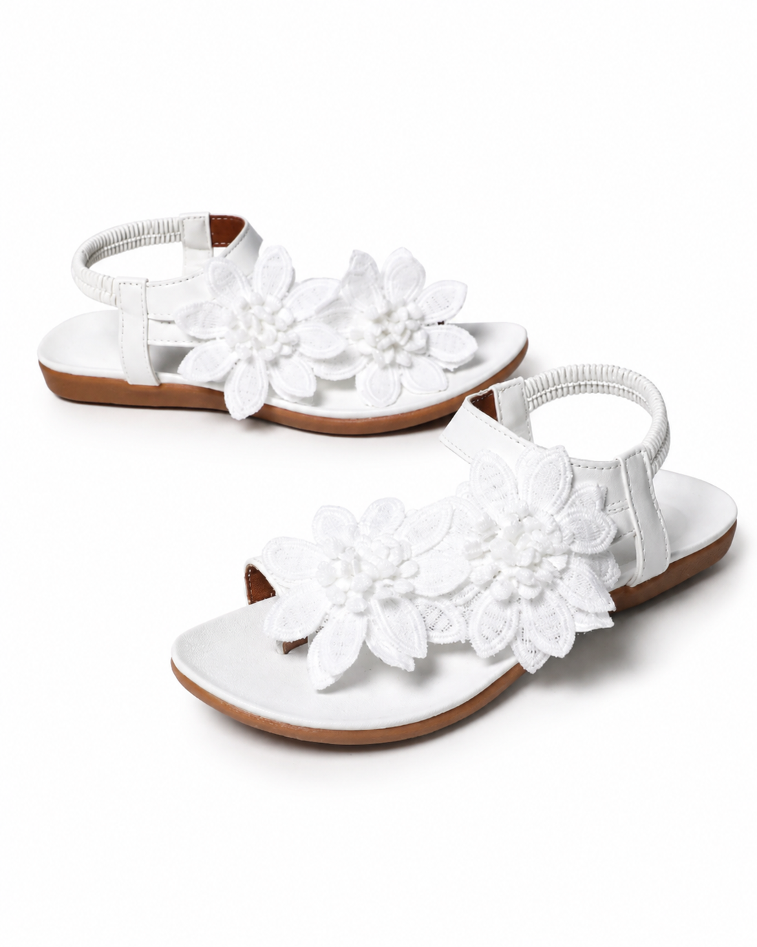 Women's White Floral Flat Sandals Elegant Flower Strap Summer Casual Shoes