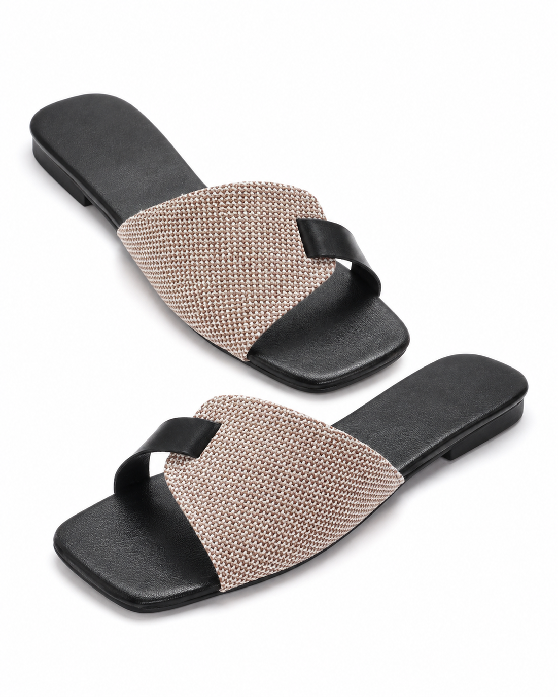 Women’s Black & Beige Woven Strap Flat Slide Sandals Everyday Outings