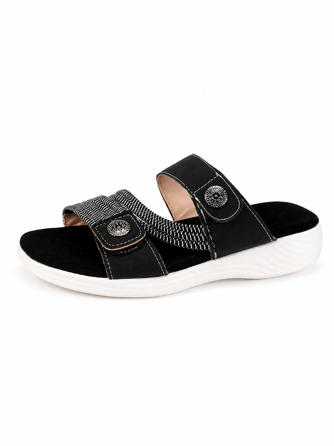 Women’s Beige Comfort Wedge Slide Sandals with Double Strap Button Details