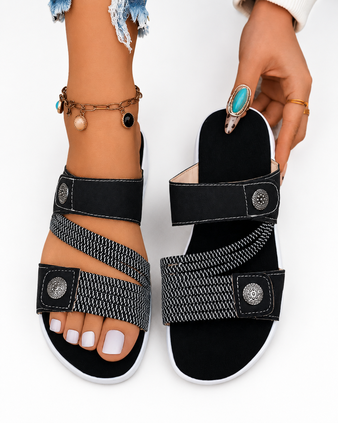 Women’s Beige Comfort Wedge Slide Sandals with Double Strap Button Details