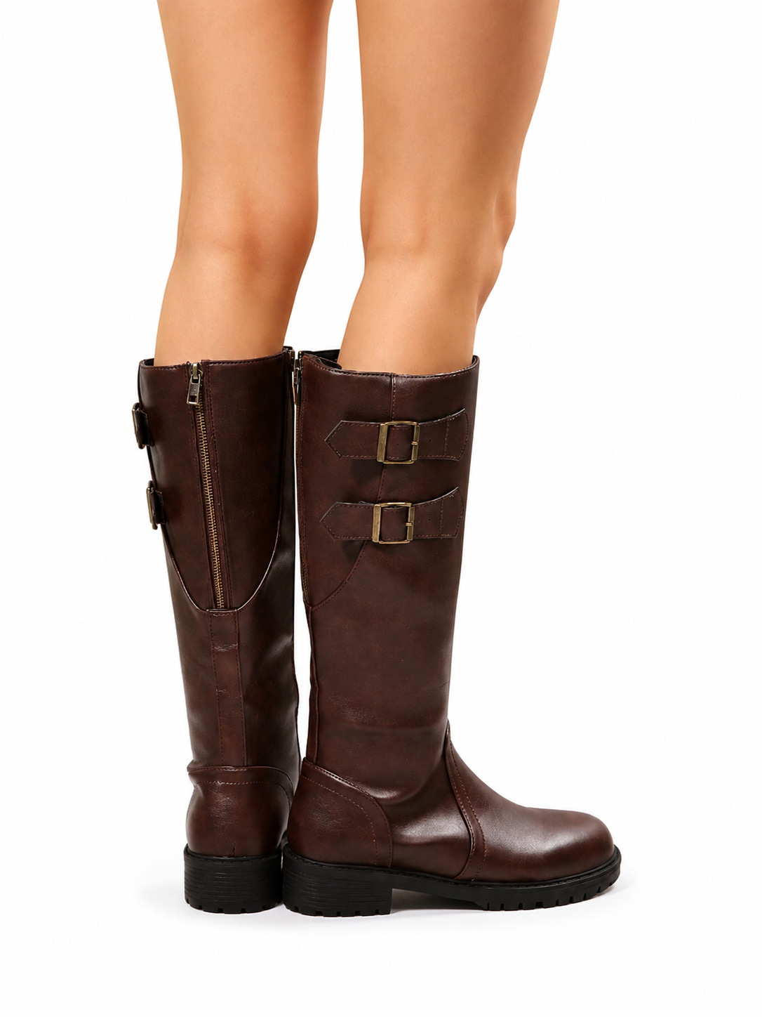 Women’s Black & Brown Knee Equestrian High Riding Boots with Buckle Detail Halloween Winters