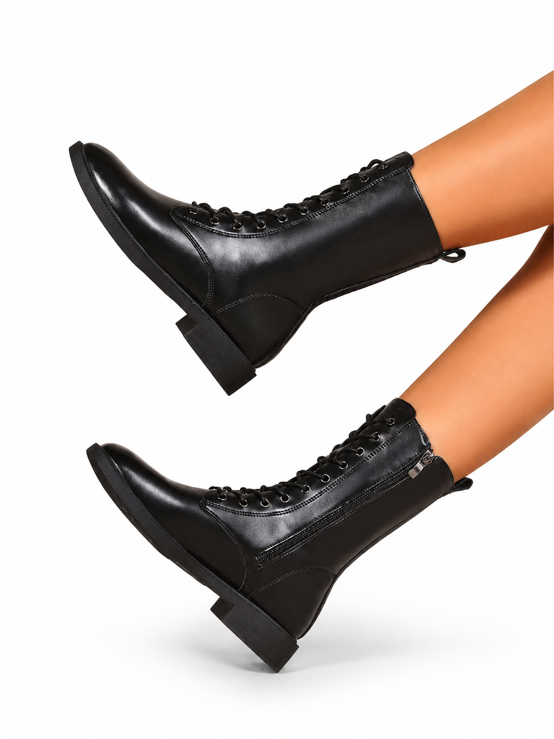 Women's Motorcycle Brown & Black Knee High Lace Up Boots with Side Zipper and Low Block Heel