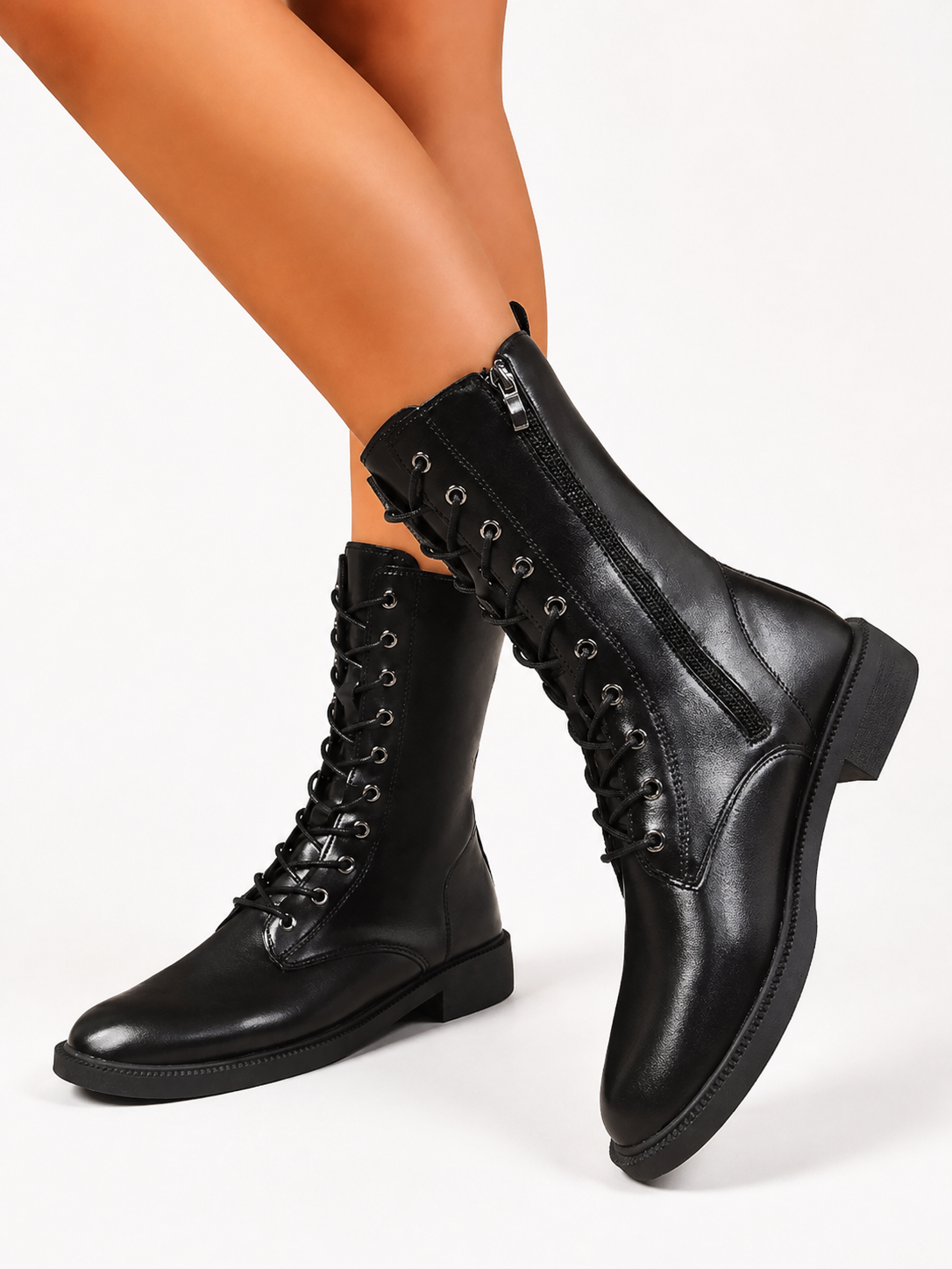 Women's Motorcycle Brown & Black Knee High Lace Up Boots with Side Zipper and Low Block Heel