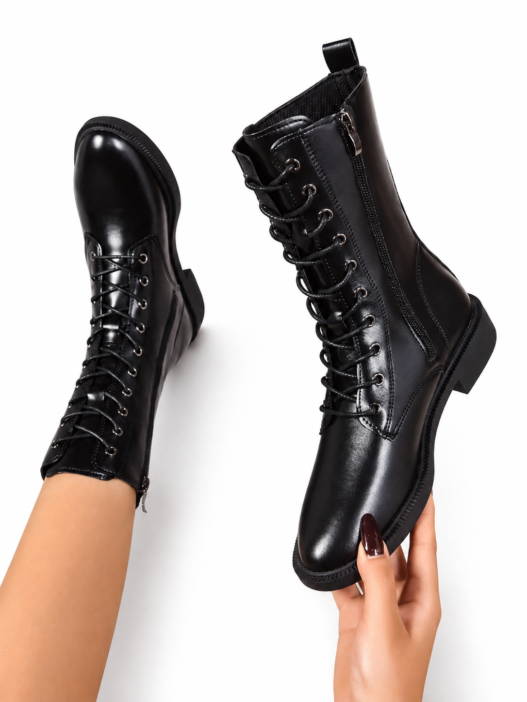 Women's Motorcycle Brown & Black Knee High Lace Up Boots with Side Zipper and Low Block Heel