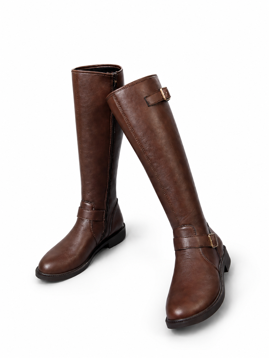 Women's Black Knee High Boots with Buckle Strap and Side Zipper Motorcycle Boots