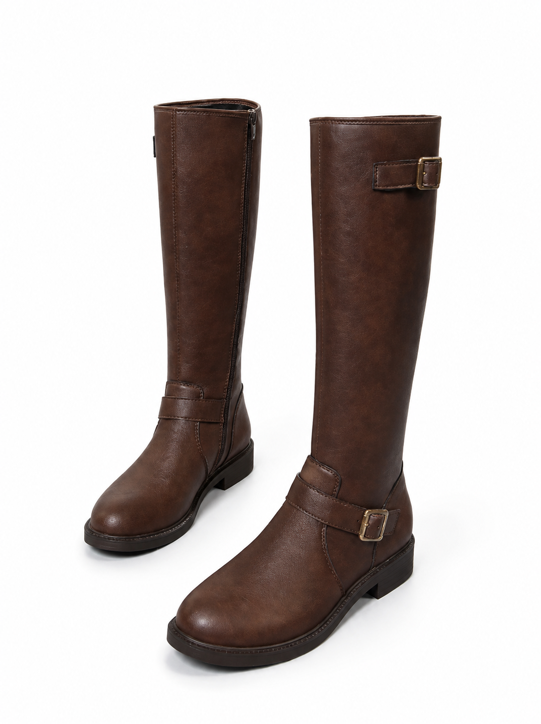 Women's Black Knee High Boots with Buckle Strap and Side Zipper Motorcycle Boots
